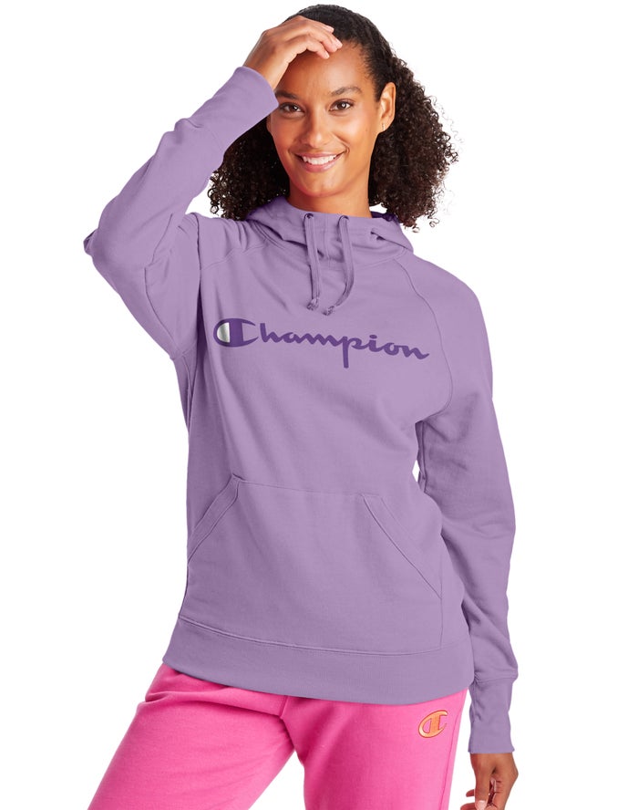 Champion Dame Hættetrøje Lilla - Powerblend Fleece Script Logo - Danmark EZU-745103